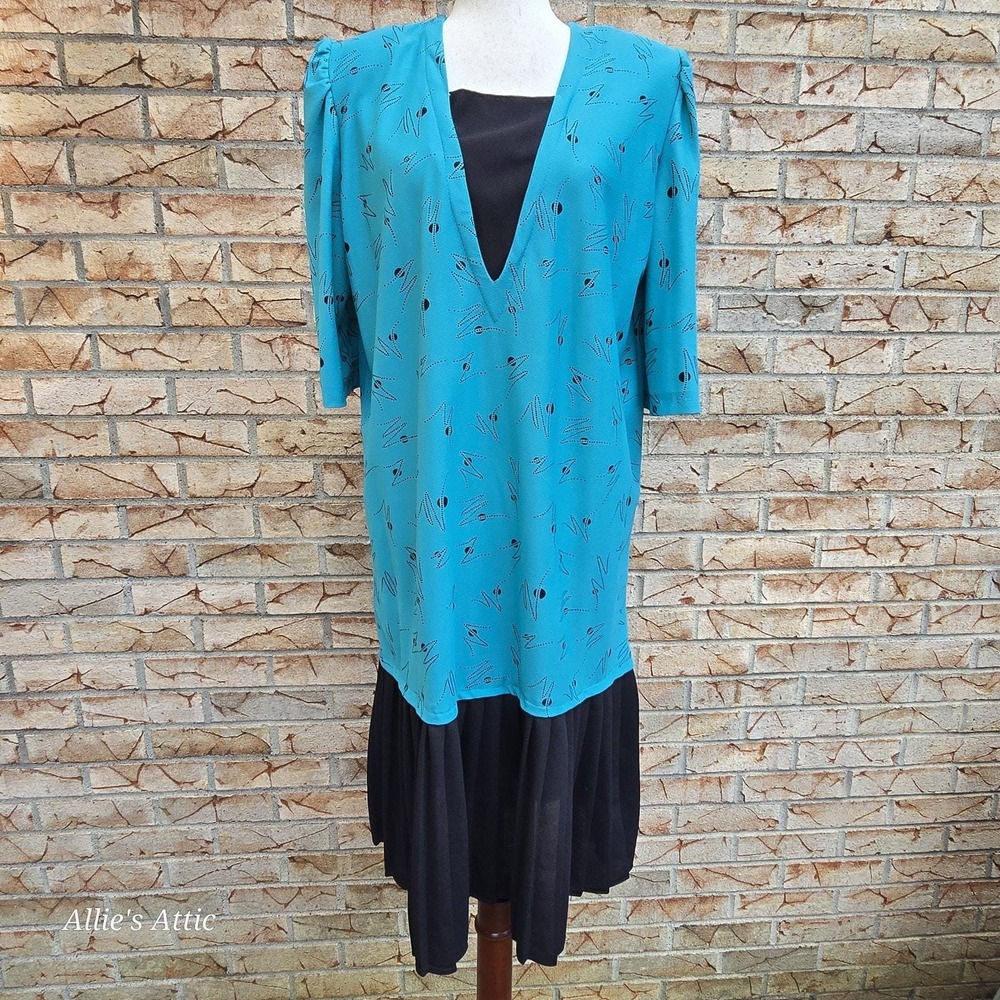 80s Teal Blue Black Geometric Vtg Drop Waist Party Dress Earth‎ Angel Plus Size*